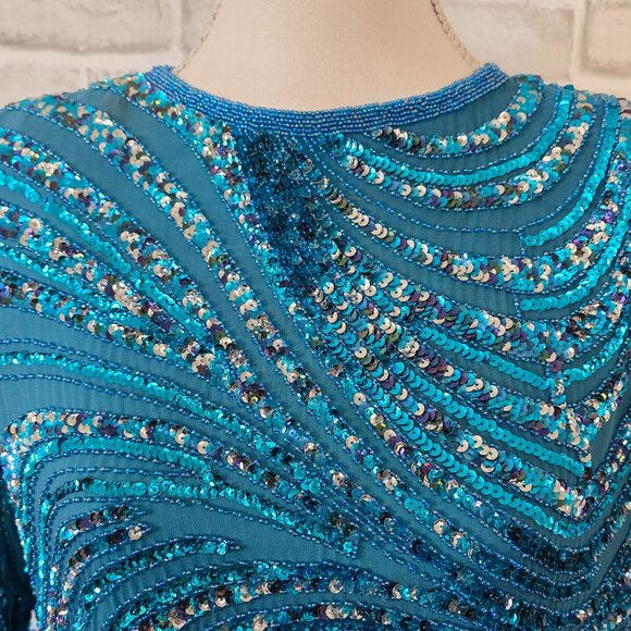 Vintage 80s Oleg Cassini Beaded Sequined Silk Blouse Teal Blue Glam Party - Picture 2 of 11
